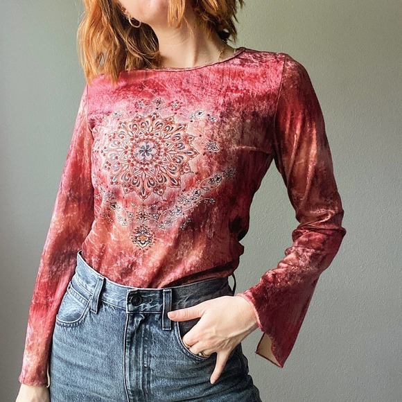 Vintage Y2K Beaded Sun Velvet Tie Dye Flare Sleeve Top - Picture 5 of 8